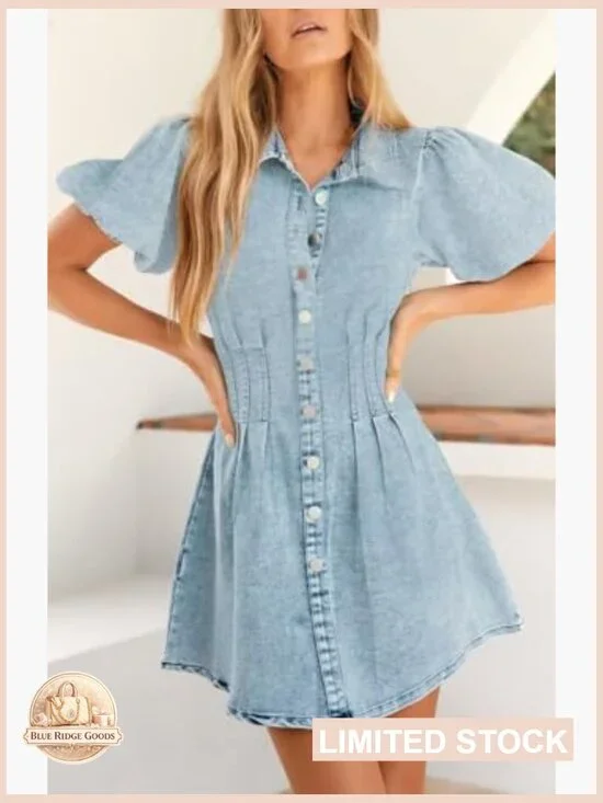 Puff Sleeve Denim Dress Slim Fit Casual Summer Mini A-Line Collared - Picture 6 of 7